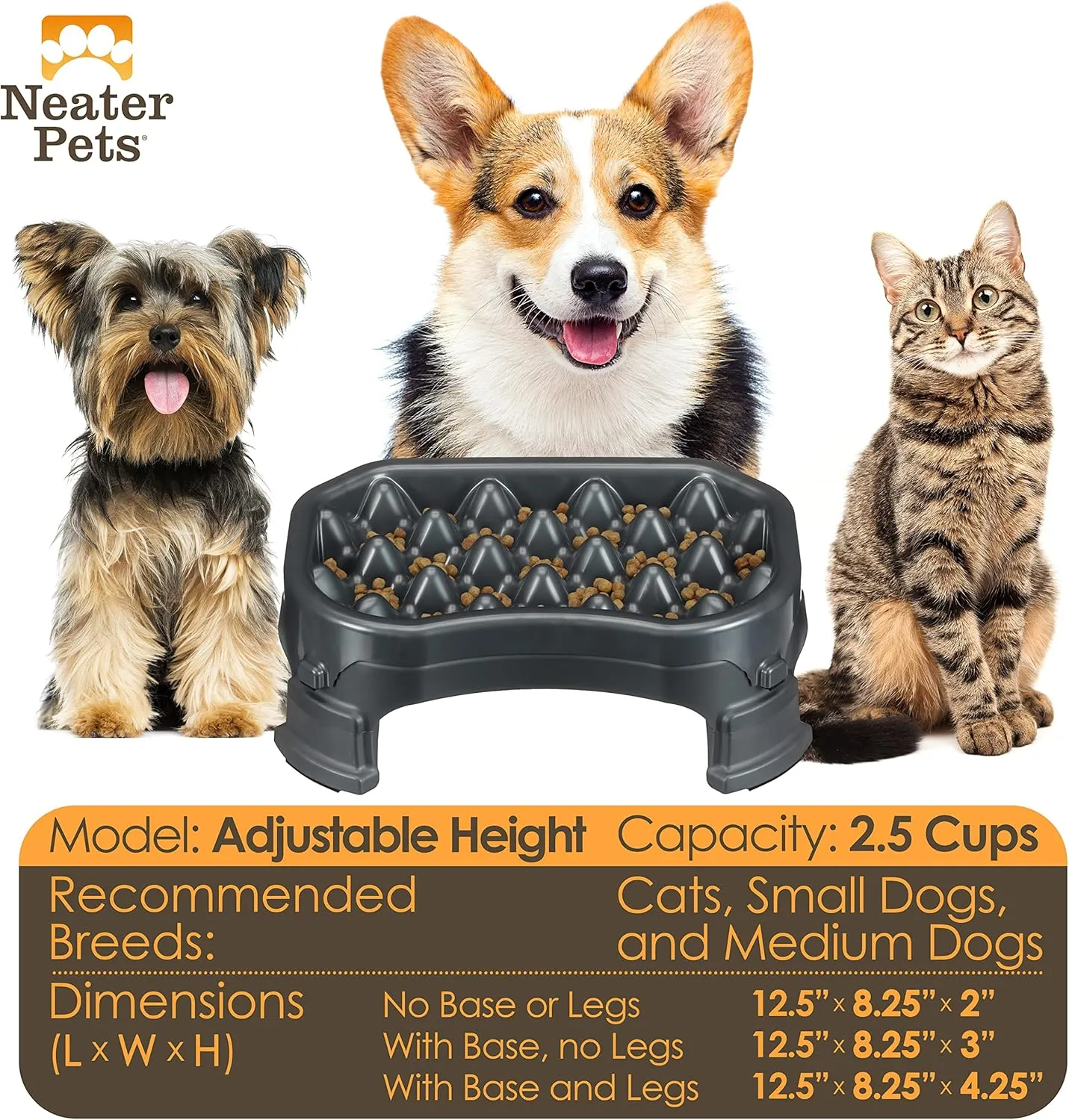 Neater Pet Brands  Neater Raised Slow Feeder Dog Bowl  Elevated and Adjustable Food Height - (2.5 Cup, Gunmetal)