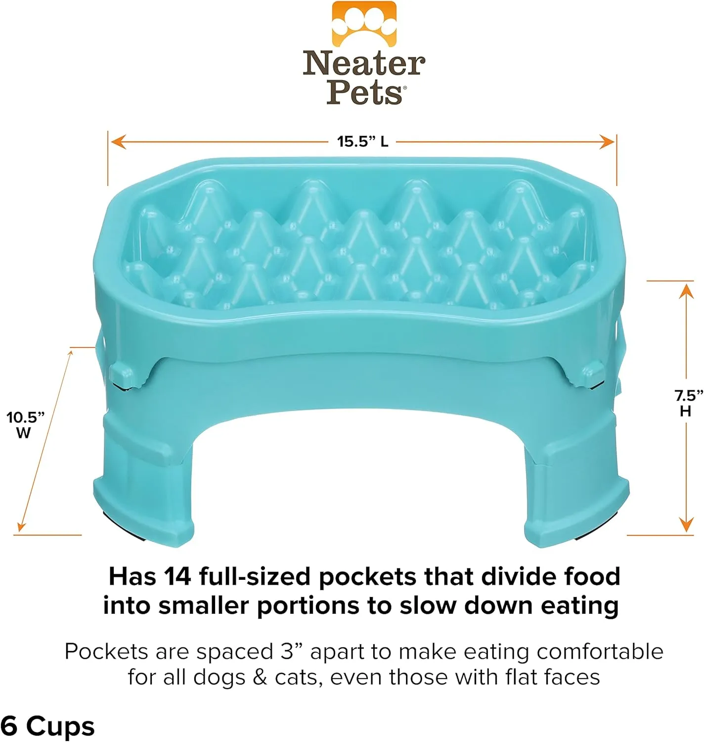 Neater Pet Brands  Neater Raised Slow Feeder Dog Bowl  Elevated and Adjustable Food Height - (6 Cup, Aquamarine)