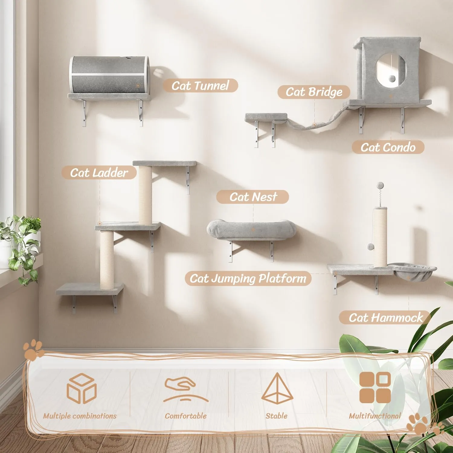 NUNU LAB 7-in-1 Wall Mounted Cat Climber Set, Cat Furniture Set with House, Bridge, Steps, Scratcher Post, DIY Playground, Cat Wall Shelves - Gray