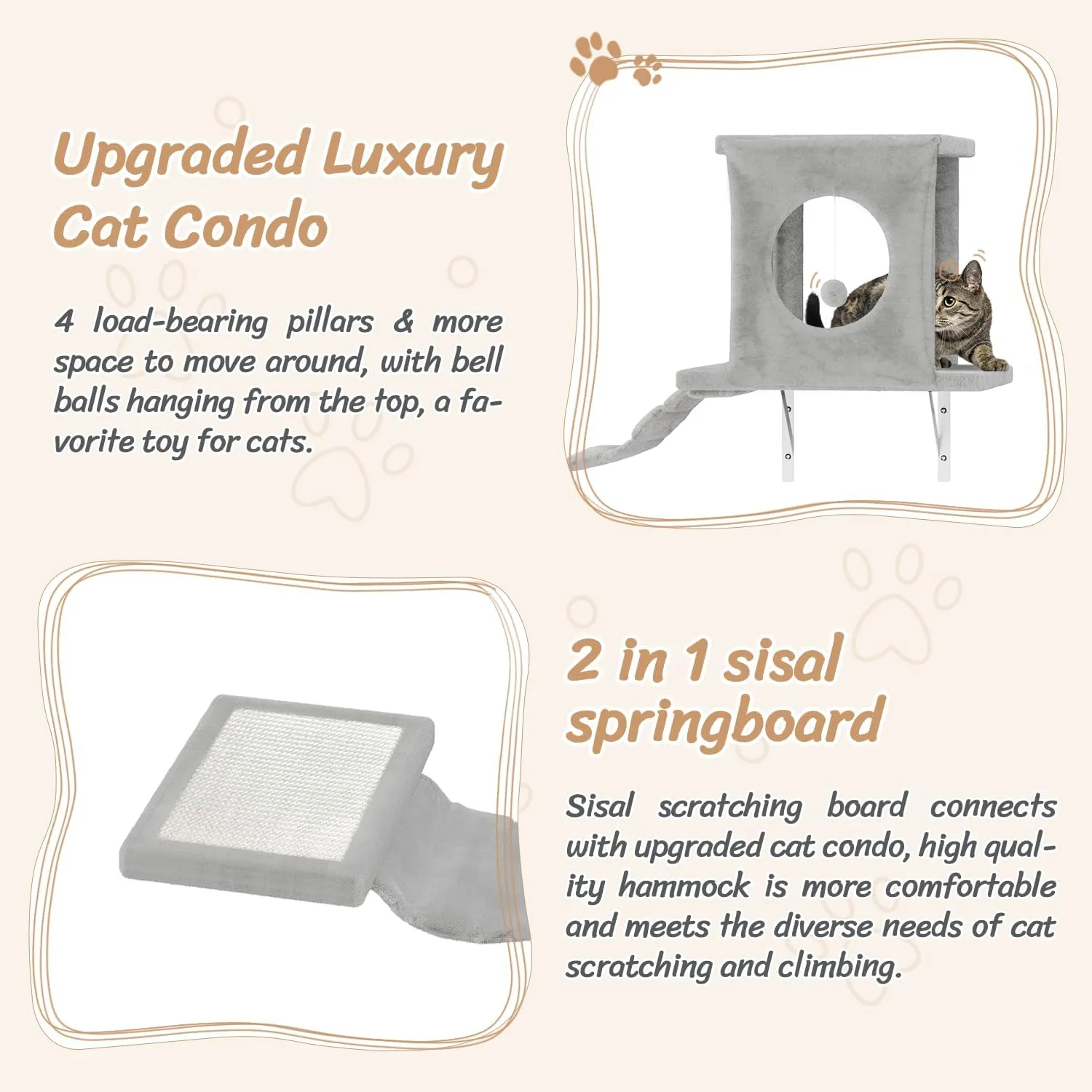 NUNU LAB 7-in-1 Wall Mounted Cat Climber Set, Cat Furniture Set with House, Bridge, Steps, Scratcher Post, DIY Playground, Cat Wall Shelves - Gray