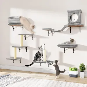 NUNU LAB 7-in-1 Wall Mounted Cat Climber Set, Cat Furniture Set with House, Bridge, Steps, Scratcher Post, DIY Playground, Cat Wall Shelves - Gray
