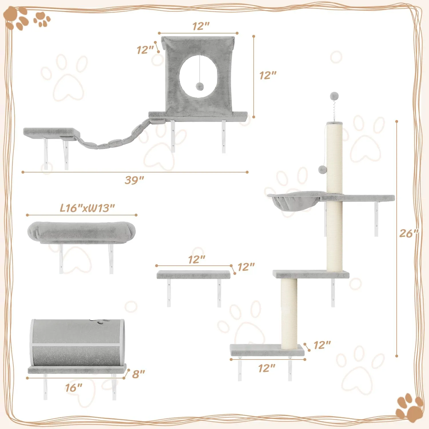 NUNU LAB 7-in-1 Wall Mounted Cat Climber Set, Cat Furniture Set with House, Bridge, Steps, Scratcher Post, DIY Playground, Cat Wall Shelves - Gray