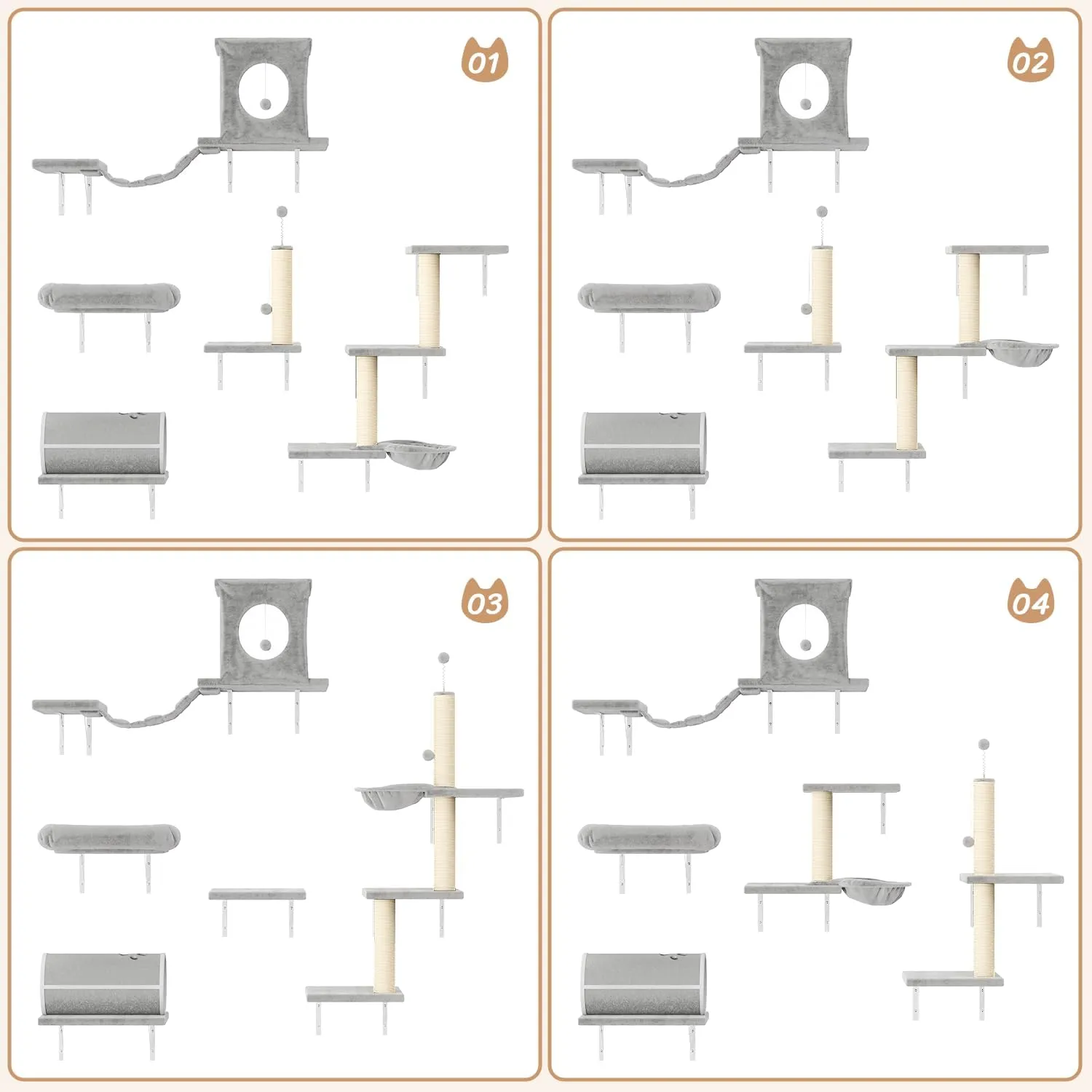 NUNU LAB 7-in-1 Wall Mounted Cat Climber Set, Cat Furniture Set with House, Bridge, Steps, Scratcher Post, DIY Playground, Cat Wall Shelves - Gray