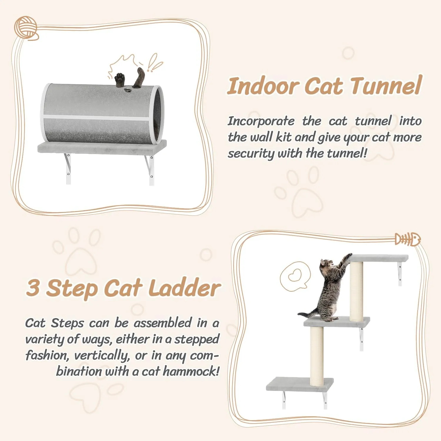 NUNU LAB 7-in-1 Wall Mounted Cat Climber Set, Cat Furniture Set with House, Bridge, Steps, Scratcher Post, DIY Playground, Cat Wall Shelves - Gray