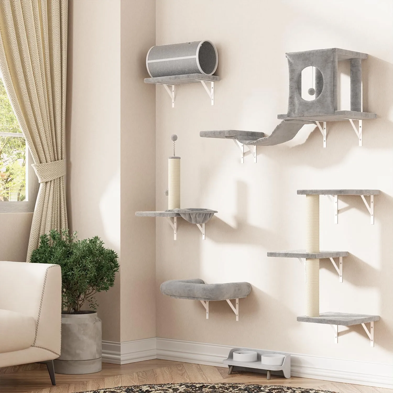 NUNU LAB 7-in-1 Wall Mounted Cat Climber Set, Cat Furniture Set with House, Bridge, Steps, Scratcher Post, DIY Playground, Cat Wall Shelves - Gray
