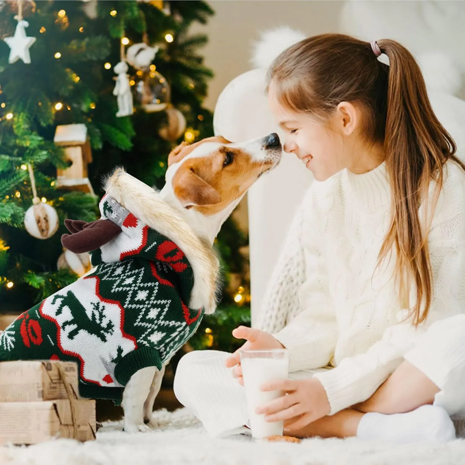 OTOB Cat Christmas Sweater with Cute Moose Hat, Winter Soft Kitten Cat Sweater Hoodie with Leash Hole, New Year Xmas Holiday Ugly Christmas Pet Sweater for Tiny Small Dogs Puppy Boys Girls, Green XS
