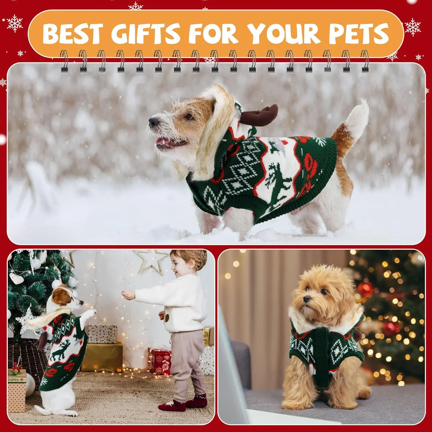 OTOB Cat Christmas Sweater with Cute Moose Hat, Winter Soft Kitten Cat Sweater Hoodie with Leash Hole, New Year Xmas Holiday Ugly Christmas Pet Sweater for Tiny Small Dogs Puppy Boys Girls, Green XS