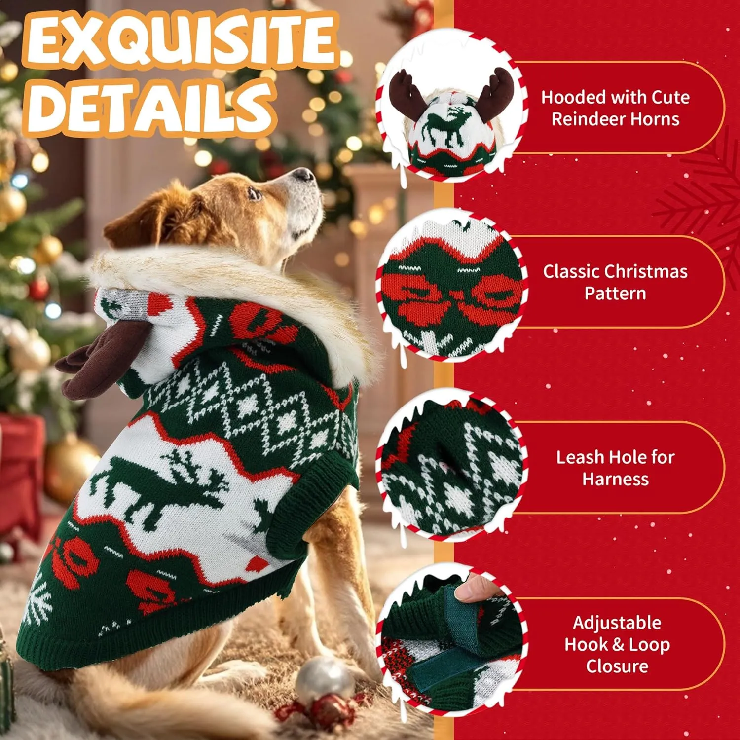 OTOB Cat Christmas Sweater with Cute Moose Hat, Winter Soft Kitten Cat Sweater Hoodie with Leash Hole, New Year Xmas Holiday Ugly Christmas Pet Sweater for Tiny Small Dogs Puppy Boys Girls, Green XS