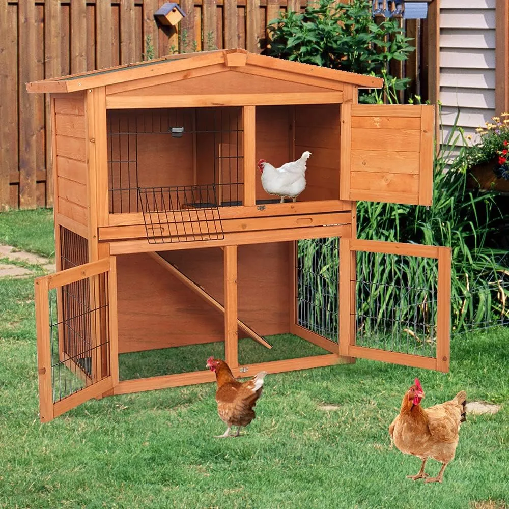 Outdoor Wooden Chicken Coop,Multi-Level Hen House, WaterproofPet Rabbit Hutch Chiken Coop Cage Hen House Poultry Cage with Ramps, Run, Nesting Box, Wire Fence (40)