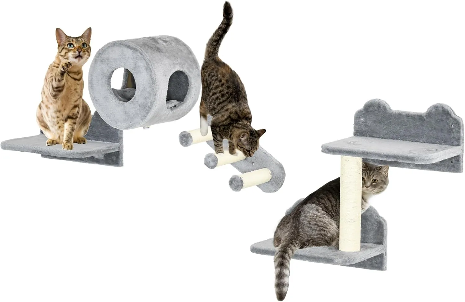 PawHut Cat Wall Shelves, 4 Piece Cat Wall Furniture with Condo, Scratching Post, Platforms, 3 Steps, Wall Mounted Cat Tree for Small Cat Relaxing, Climbing, Sleeping, Gray