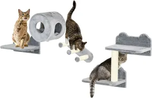 PawHut Cat Wall Shelves, 4 Piece Cat Wall Furniture with Condo, Scratching Post, Platforms, 3 Steps, Wall Mounted Cat Tree for Small Cat Relaxing, Climbing, Sleeping, Gray