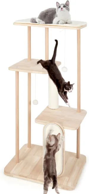 PETSITE 50 Inch Wooden Cat Tree Tower, Multi-Level Cat Tower with Sisal Scratching Post and Board, Pom-pom Balls, and Multiple Jumping Platforms, Modern Cat Tree for Indoor Cats