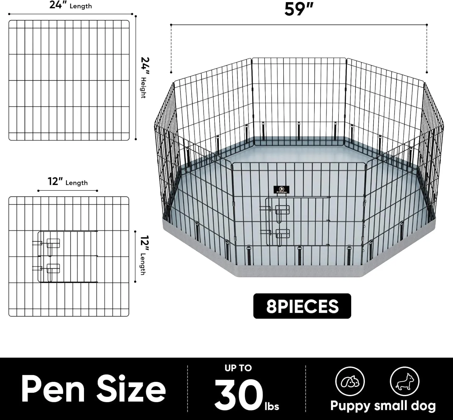 PJYuCien Dog Playpen, 8 Panels 24H Dog Pens Indoor with Bottom Pad, Metal Foldable Pet Puppy Exercise Fence Crate Kennel, Better for Small Animals,Grey
