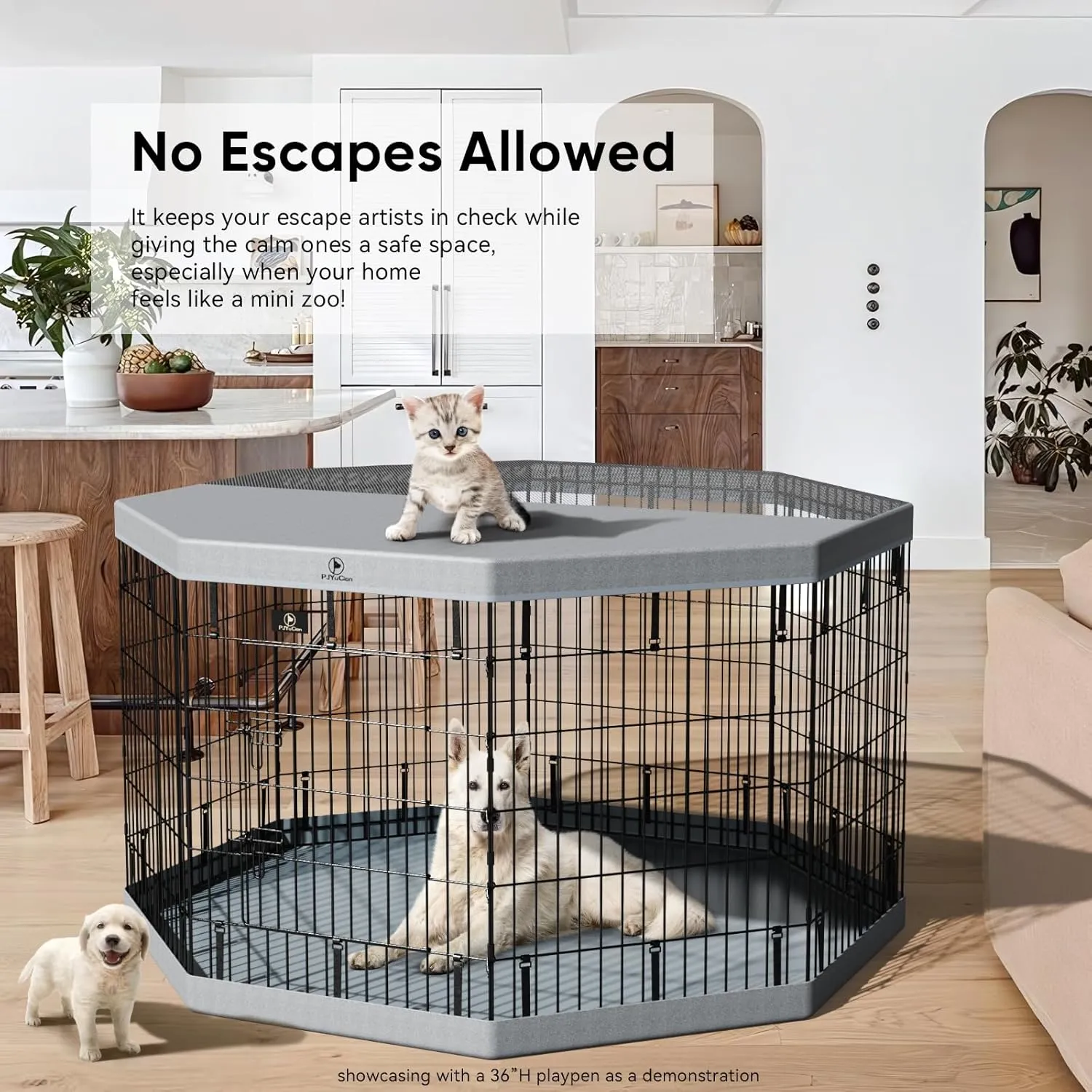 PJYuCien Dog Playpen, 8 Panels 24H Dog Pens Indoor with Bottom Pad, Metal Foldable Pet Puppy Exercise Fence Crate Kennel, Better for Small Animals,Grey