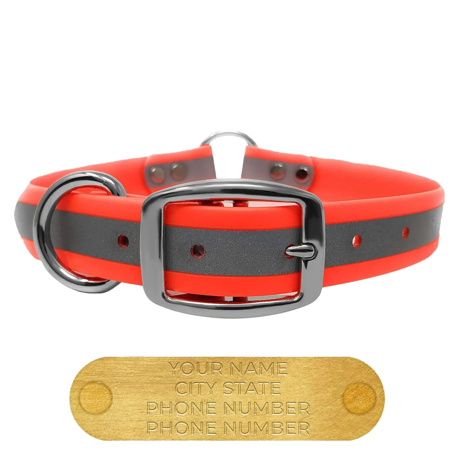 Regal Dog Products Large Orange Reflective Dog Collar with Custom Engraved Name Plate and Heavy Duty Center Ring | Waterproof Biothane Personalized Dog Collars - Other Sizes for Small & Medium Dogs