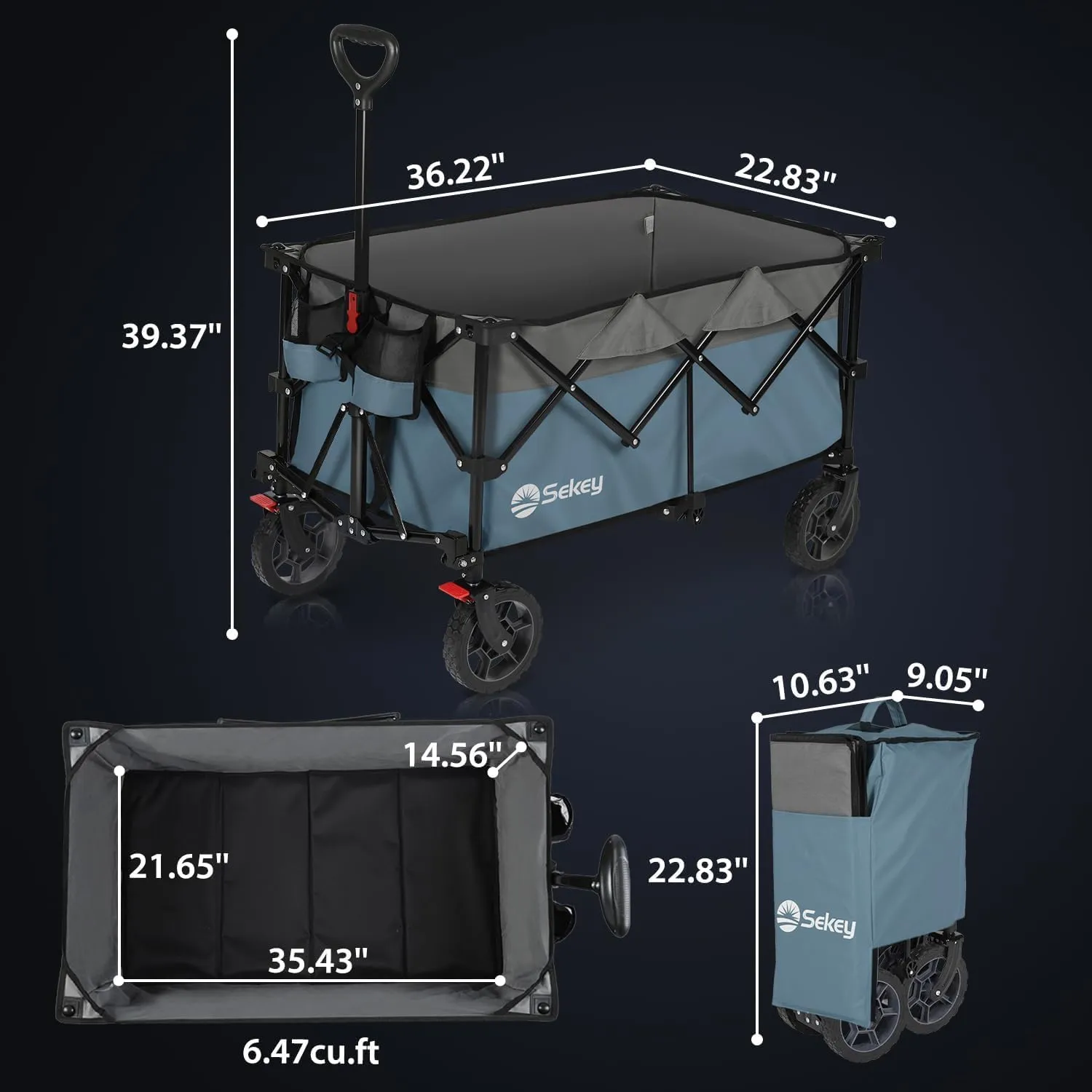 Sekey 220L Collapsible Foldable Wagon with 330lbs Weight Capacity, Heavy Duty Folding Wagon Cart with Big All-Terrain Wheels & Drink Holders (Blue&Grey)