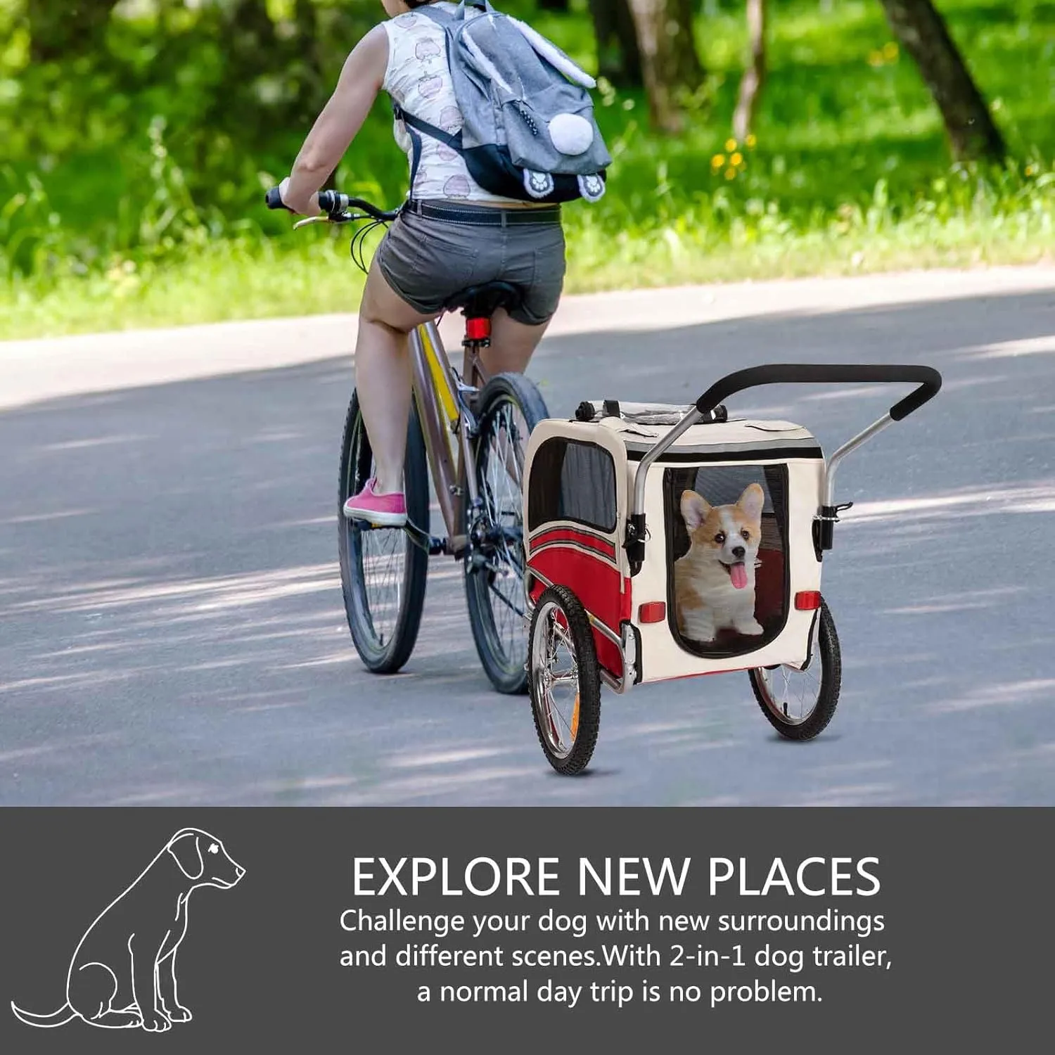 Sepnine 2 in1 Pet Bicycle Trailer with a 6" Stroller Wheel Suitable for Small and Medium Dogs, Carrier Up to 66 LBS, Easy Folding Cart Frame, Quick Release Wheel, Universal Bicycle Coupler