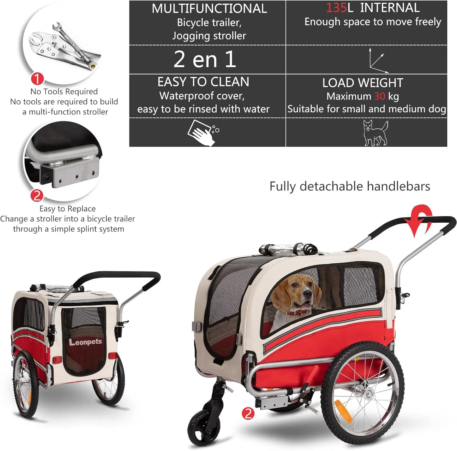 Sepnine 2 in1 Pet Bicycle Trailer with a 6" Stroller Wheel Suitable for Small and Medium Dogs, Carrier Up to 66 LBS, Easy Folding Cart Frame, Quick Release Wheel, Universal Bicycle Coupler