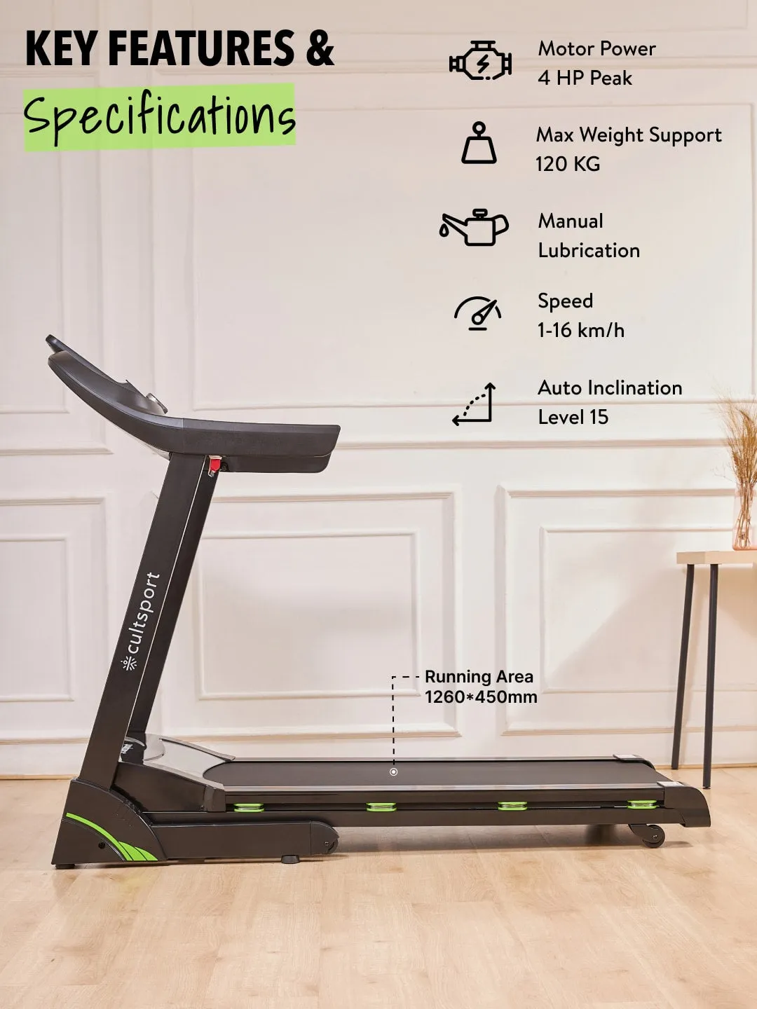 Smartrun C2 4 HP Peak Treadmill with 15-level Auto-Incline | Max Weight-120kg | Max Speed-16kmph