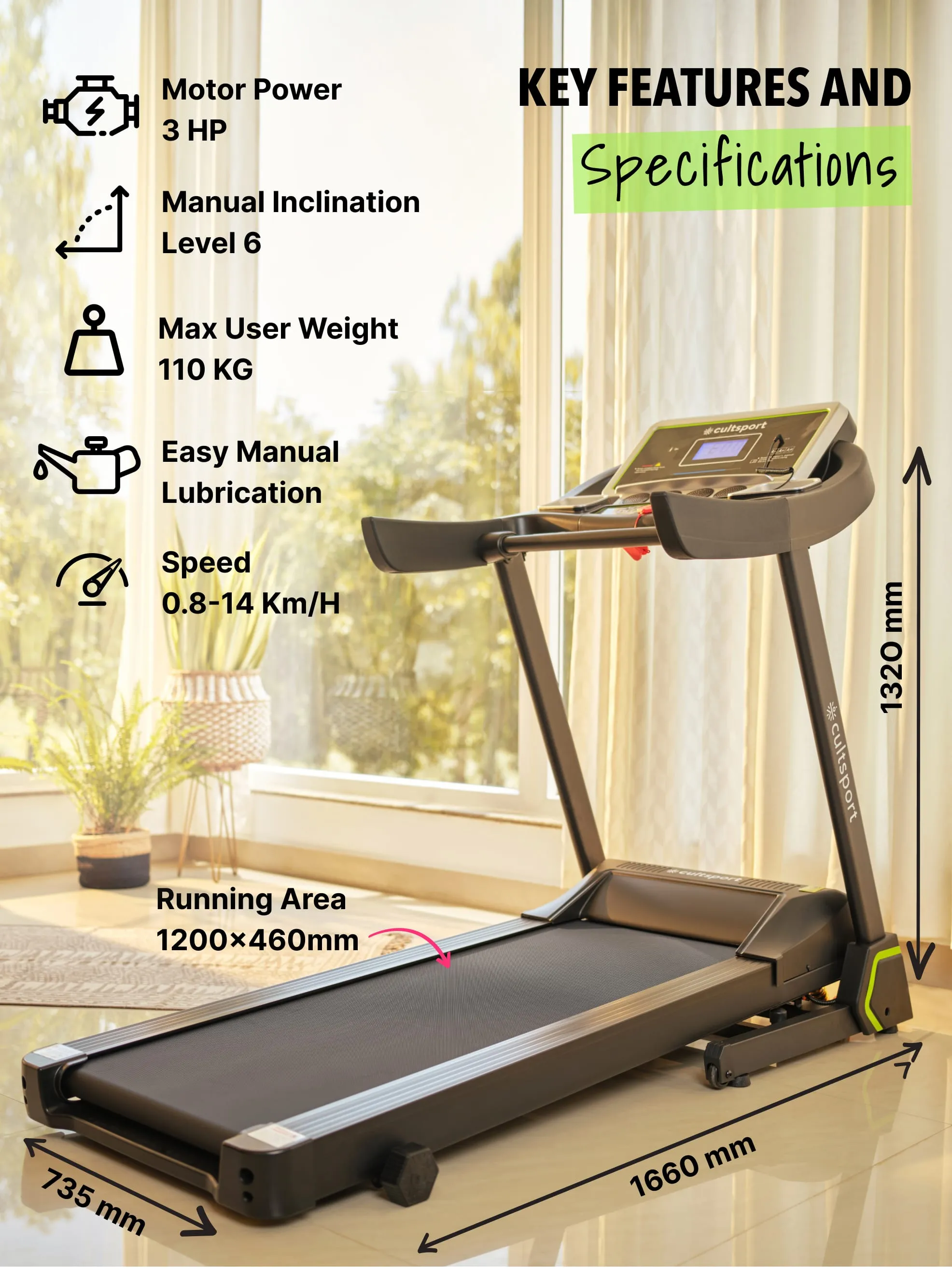 SmartrunC1 3HP Treadmill with 6-level Manual Incline | Max Speed-14kmph | Max Weight-110kg (6 Months extended Warranty only on Cultsport.com)