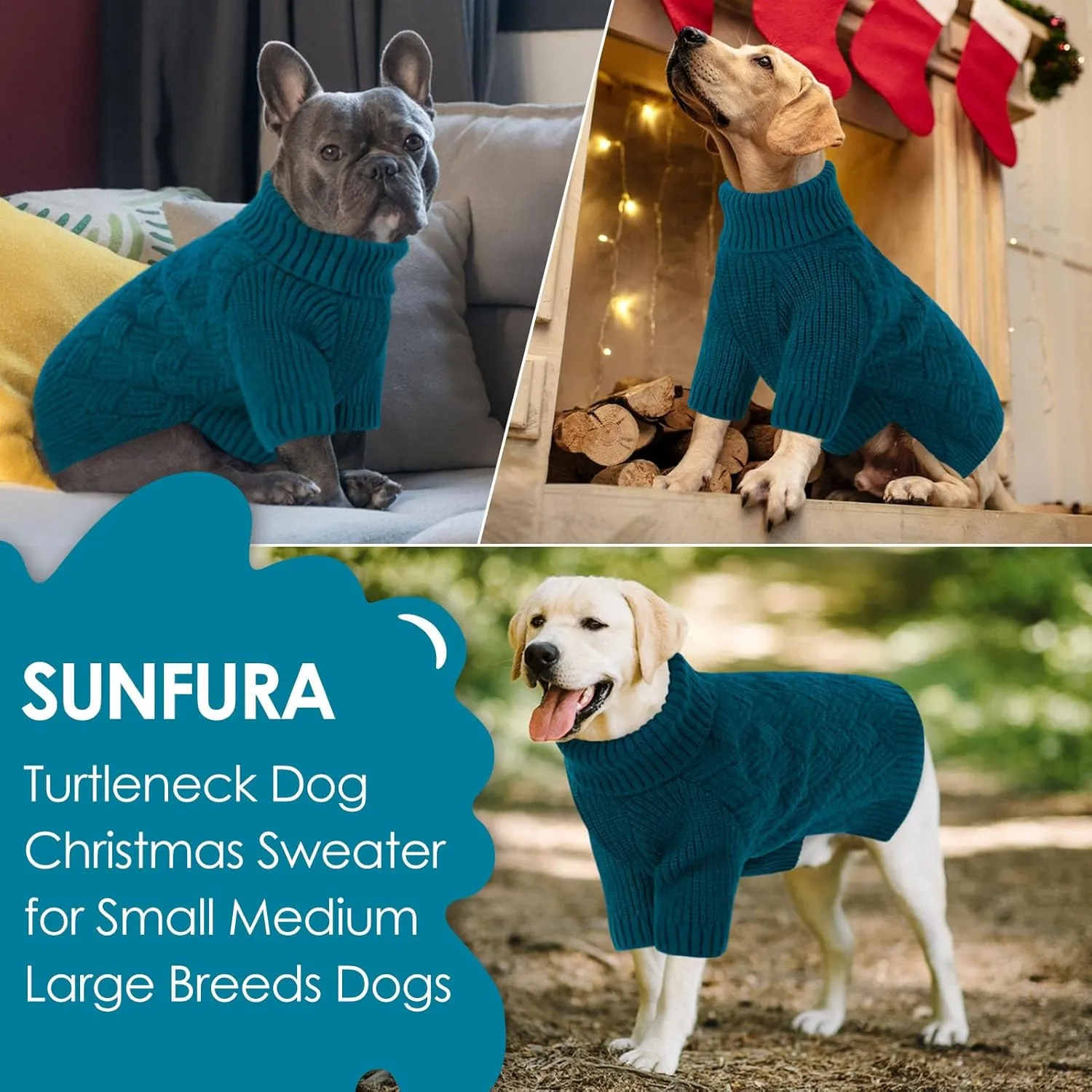 SUNFURA XS Dog Sweater, Small Dog Sweater Doggie Knitted Knitwear for Winter, Cat Pullover Christmas Sweatshirt for Yorkie Chihuahua, Warm Thick Turtleneck Clothes for Dogs Boy Girl, Blue XSmall