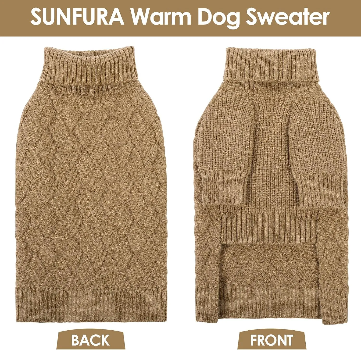 SUNFURA XS Dog Sweater, Small Dog Sweater Doggie Knitted Knitwear for Winter, Cat Pullover Christmas Sweatshirt for Yorkie Chihuahua, Warm Thick Turtleneck Clothes for Dogs Boy Girl, Camel XSmall