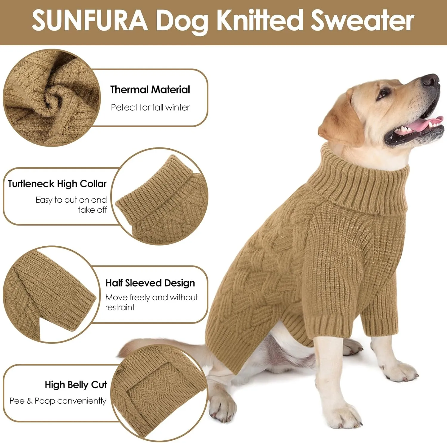 SUNFURA XS Dog Sweater, Small Dog Sweater Doggie Knitted Knitwear for Winter, Cat Pullover Christmas Sweatshirt for Yorkie Chihuahua, Warm Thick Turtleneck Clothes for Dogs Boy Girl, Camel XSmall