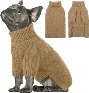 SUNFURA XS Dog Sweater, Small Dog Sweater Doggie Knitted Knitwear for Winter, Cat Pullover Christmas Sweatshirt for Yorkie Chihuahua, Warm Thick Turtleneck Clothes for Dogs Boy Girl, Camel XSmall