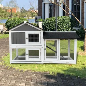 SVRCK Spacious and Weatherproof Wooden Outdoor Rabbit Hutch with Running Cage, Multi-Level Design, Removable Tray, Gray