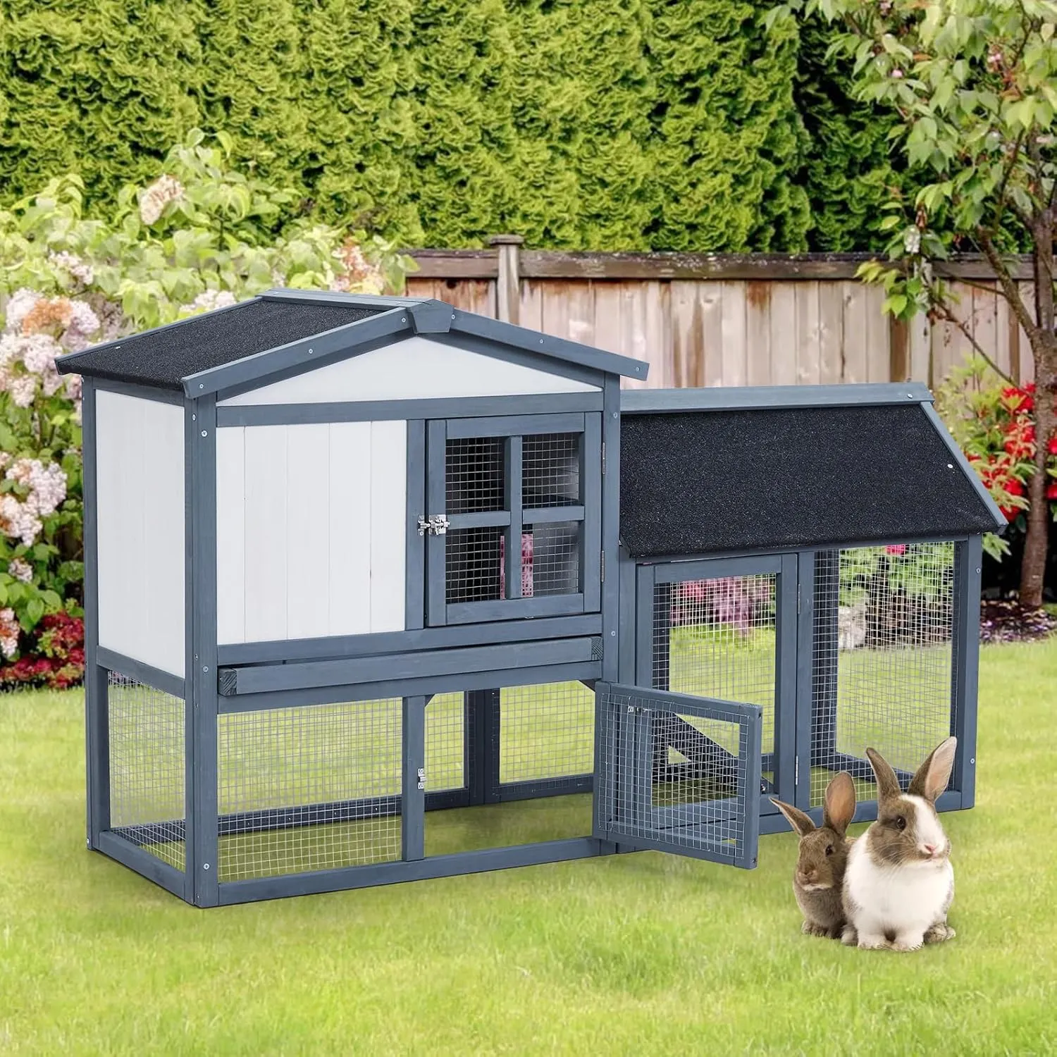 TrailBlaze 54" Wooden Rabbit Hutch - Indoor/Outdoor Bunny House Chicken Coop, Weather-Resistant Design, Guinea Pig Bunny Cage with Side Runs, Removable Tray, Ramps for Small Animals(Dark Grey)