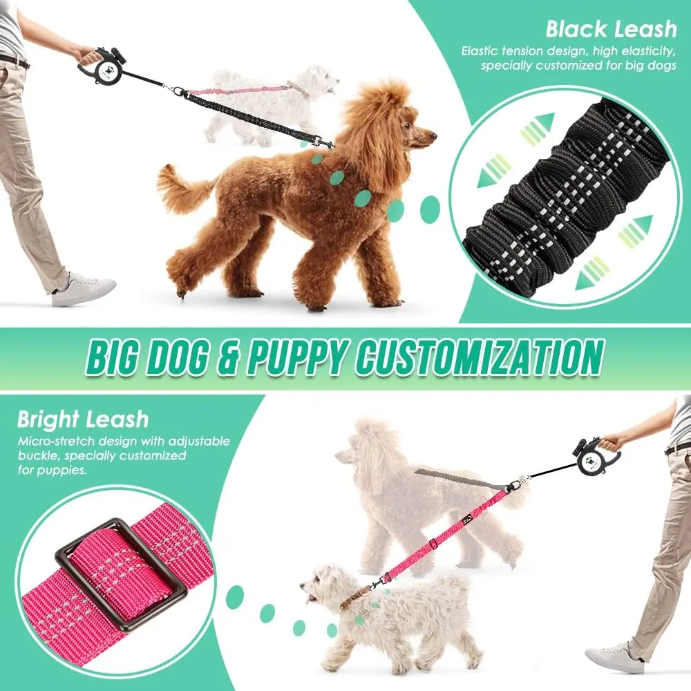 Two Dog Lead, 2 in 1 Upgraded Double Dog Leash Attachment Combine Adjustable Strap and Shock Absorbing Bungee No Tangle Dual Training Splitter for Different Size Dogs