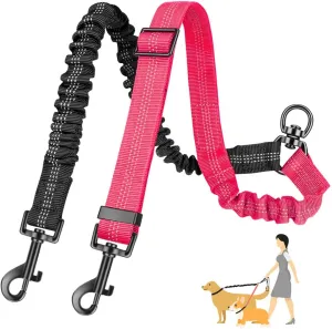 Two Dog Lead, 2 in 1 Upgraded Double Dog Leash Attachment Combine Adjustable Strap and Shock Absorbing Bungee No Tangle Dual Training Splitter for Different Size Dogs