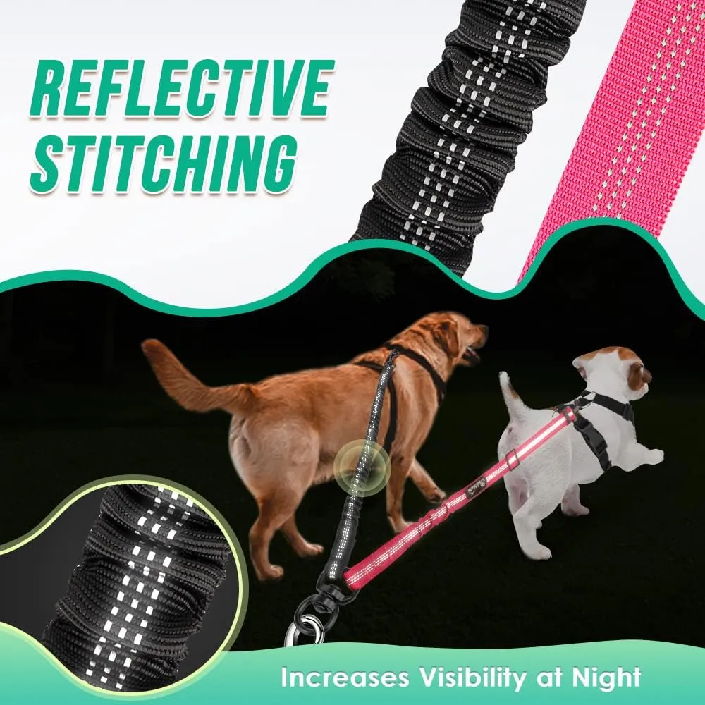 Two Dog Lead, 2 in 1 Upgraded Double Dog Leash Attachment Combine Adjustable Strap and Shock Absorbing Bungee No Tangle Dual Training Splitter for Different Size Dogs