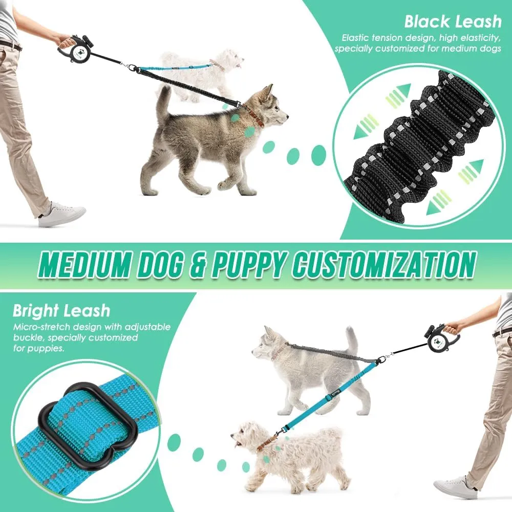 Two Dog Lead, 2 in 1 Upgraded Double Dog Leash Attachment Combine Adjustable Strap and Shock Absorbing Bungee No Tangle Dual Training Splitter for Different Size Dogs