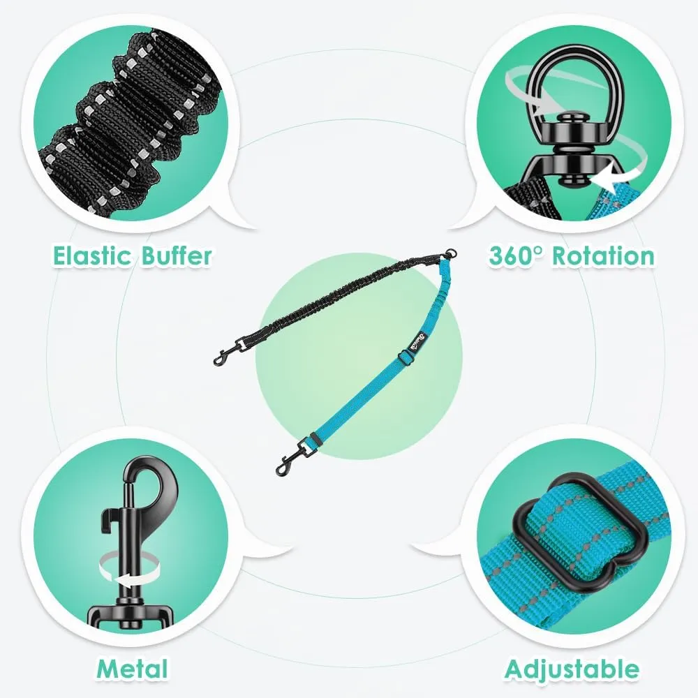Two Dog Lead, 2 in 1 Upgraded Double Dog Leash Attachment Combine Adjustable Strap and Shock Absorbing Bungee No Tangle Dual Training Splitter for Different Size Dogs