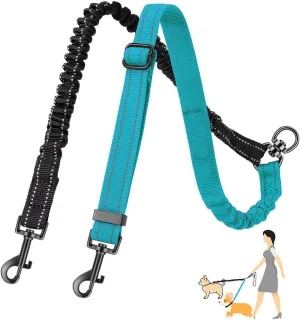 Two Dog Lead, 2 in 1 Upgraded Double Dog Leash Attachment Combine Adjustable Strap and Shock Absorbing Bungee No Tangle Dual Training Splitter for Different Size Dogs