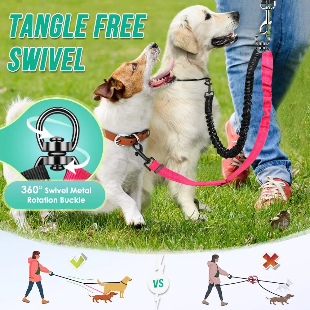 Two Dog Lead, 2 in 1 Upgraded Double Dog Leash Attachment Combine Adjustable Strap and Shock Absorbing Bungee No Tangle Dual Training Splitter for Different Size Dogs
