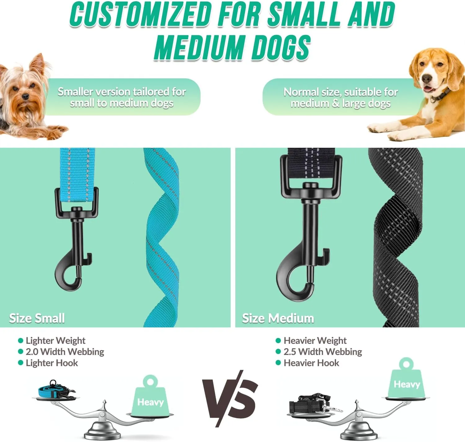 Two Dog Lead, 2 in 1 Upgraded Double Dog Leash Attachment Combine Adjustable Strap and Shock Absorbing Bungee No Tangle Dual Training Splitter for Different Size Dogs
