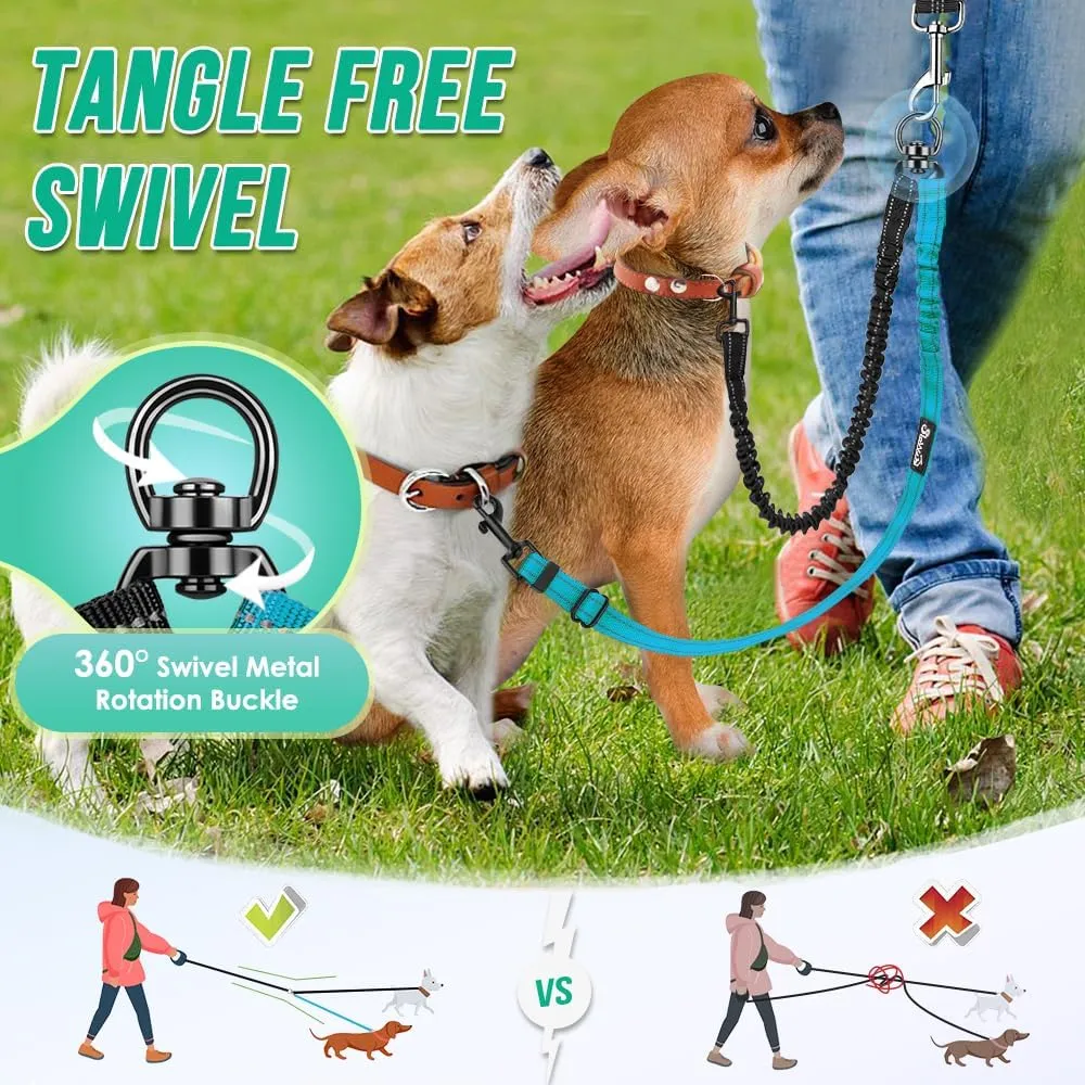 Two Dog Lead, 2 in 1 Upgraded Double Dog Leash Attachment Combine Adjustable Strap and Shock Absorbing Bungee No Tangle Dual Training Splitter for Different Size Dogs