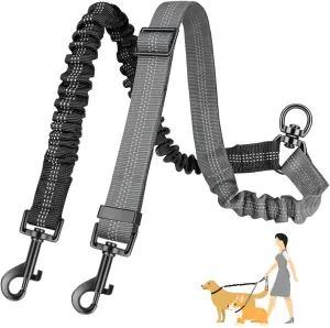 Two Dog Lead, 2 in 1 Upgraded Double Dog Leash Attachment Combine Adjustable Strap and Shock Absorbing Bungee No Tangle Dual Training Splitter for Medium Large Dogs (Black & Grey)