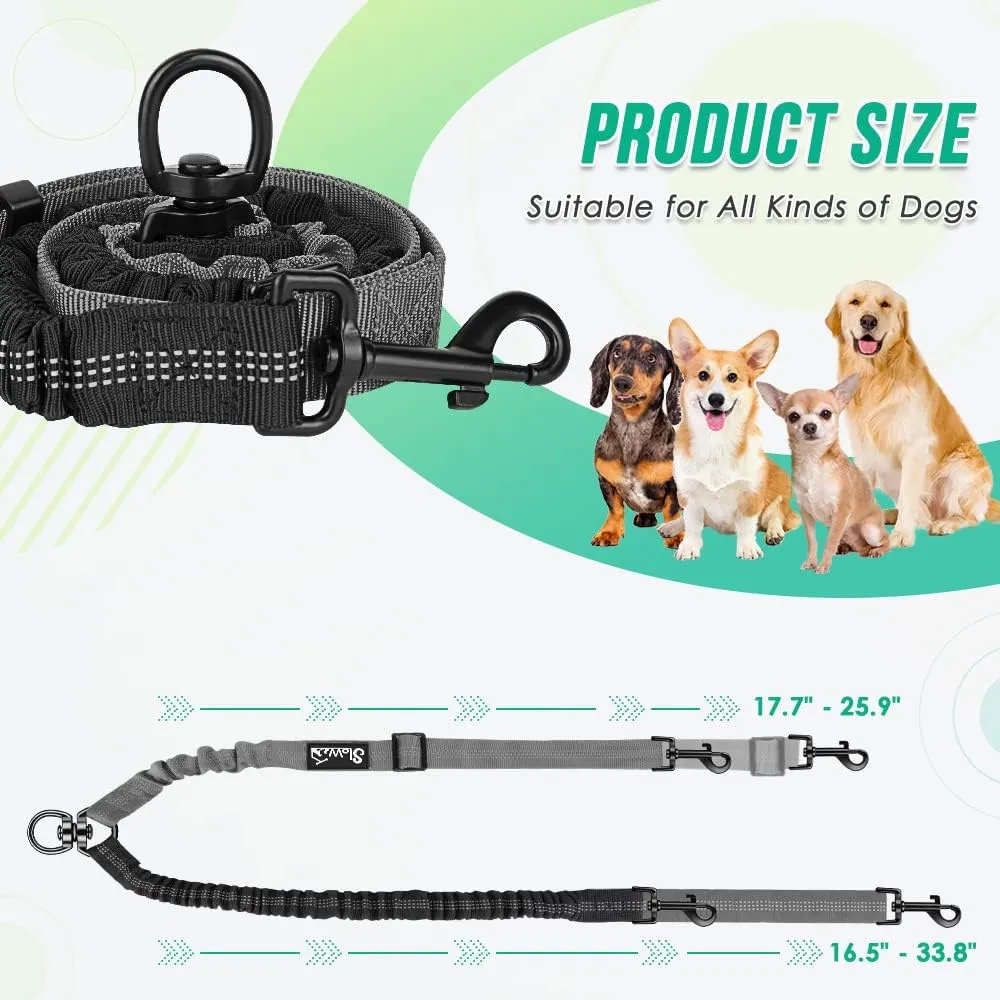 Two Dog Lead, 2 in 1 Upgraded Double Dog Leash Attachment Combine Adjustable Strap and Shock Absorbing Bungee No Tangle Dual Training Splitter for Medium Large Dogs (Black & Grey)