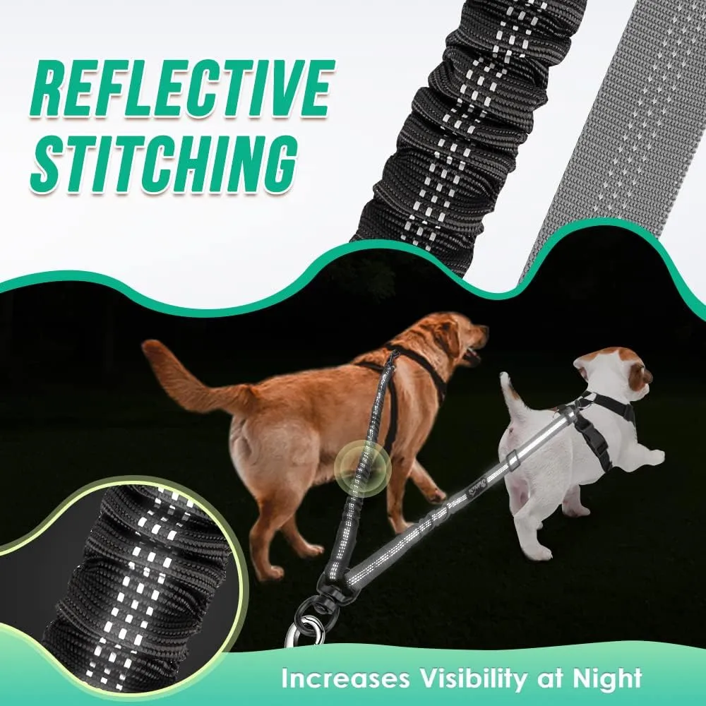 Two Dog Lead, 2 in 1 Upgraded Double Dog Leash Attachment Combine Adjustable Strap and Shock Absorbing Bungee No Tangle Dual Training Splitter for Medium Large Dogs (Black & Grey)