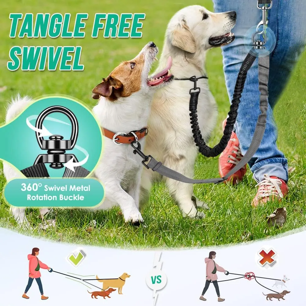 Two Dog Lead, 2 in 1 Upgraded Double Dog Leash Attachment Combine Adjustable Strap and Shock Absorbing Bungee No Tangle Dual Training Splitter for Medium Large Dogs (Black & Grey)