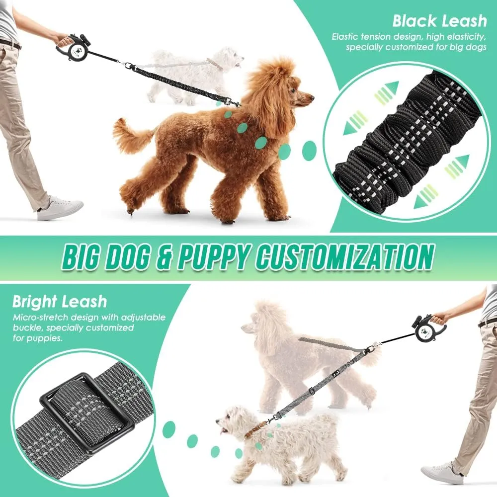 Two Dog Lead, 2 in 1 Upgraded Double Dog Leash Attachment Combine Adjustable Strap and Shock Absorbing Bungee No Tangle Dual Training Splitter for Medium Large Dogs (Black & Grey)