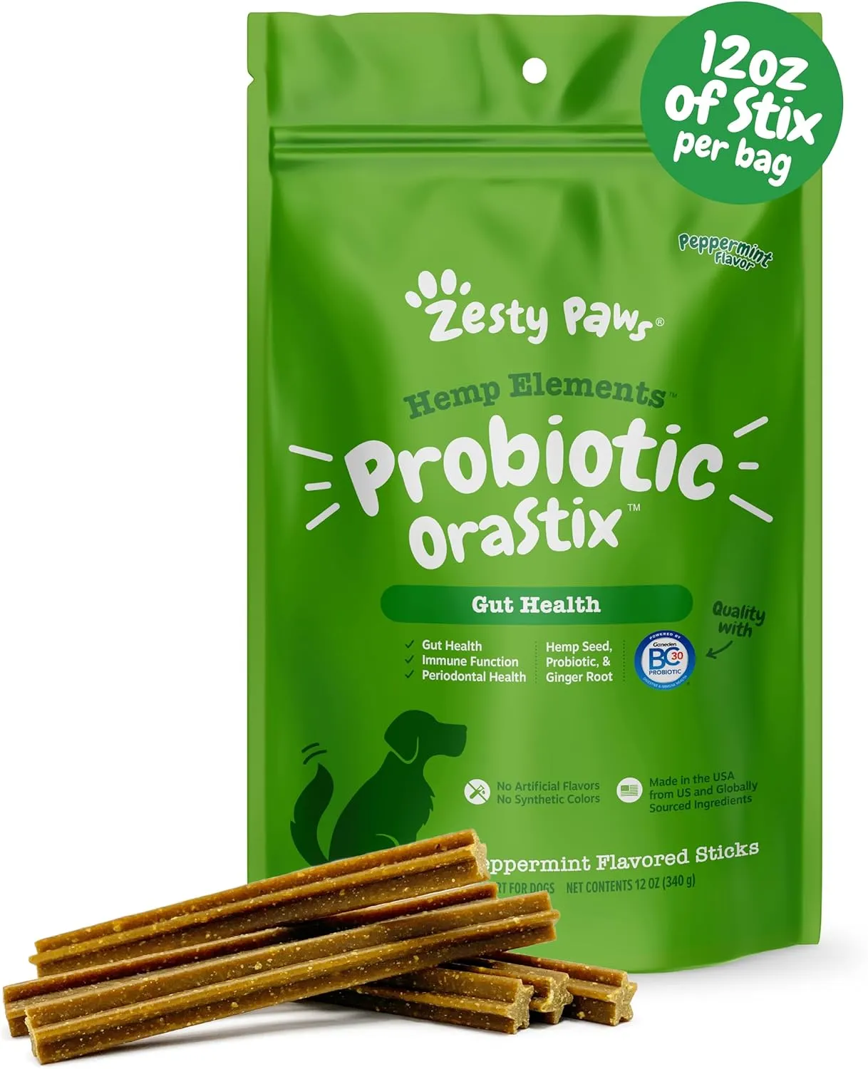 Zesty Paws OraStix for Dogs - Probiotic Sticks with Hemp Seed Curcumin Ginger Root Taurine - Supports Gut Function Flora Immune System Proprietary Healthy Teeth Gum Blend - 12oz