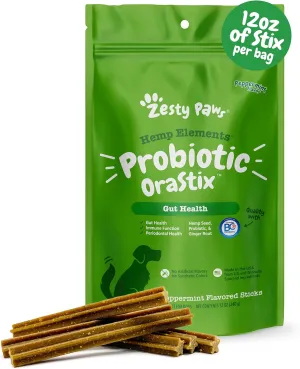 Zesty Paws OraStix for Dogs - Probiotic Sticks with Hemp Seed Curcumin Ginger Root Taurine - Supports Gut Function Flora Immune System Proprietary Healthy Teeth Gum Blend - 12oz